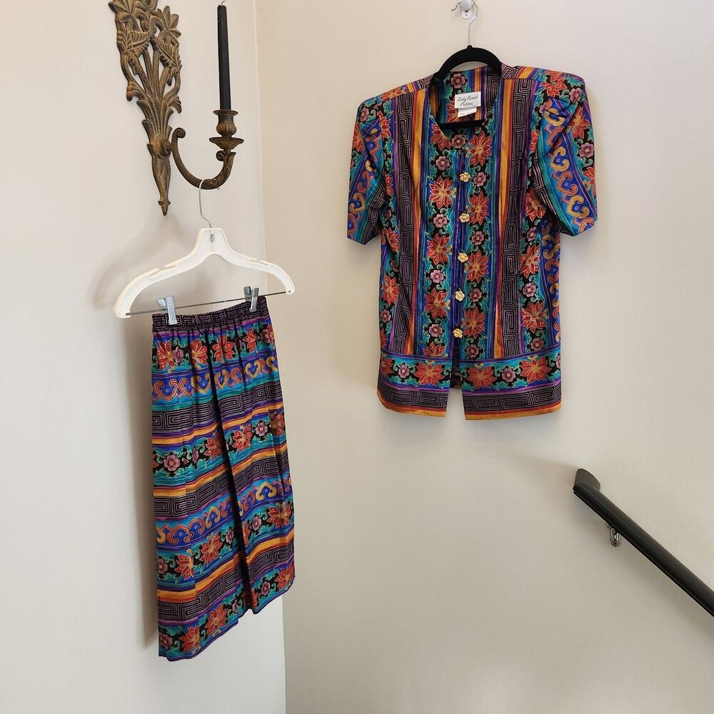 Vtg 80s Colorful Asian Style 2 Piece Dress Suit Tunic Skirt Festival Retro Boho